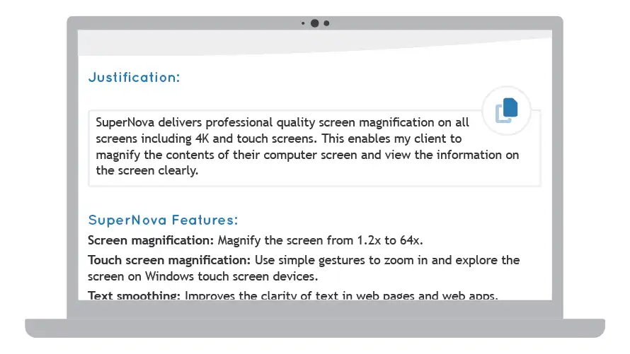 Laptop screen showing a justification for Assessors to use to recommend SuperNova